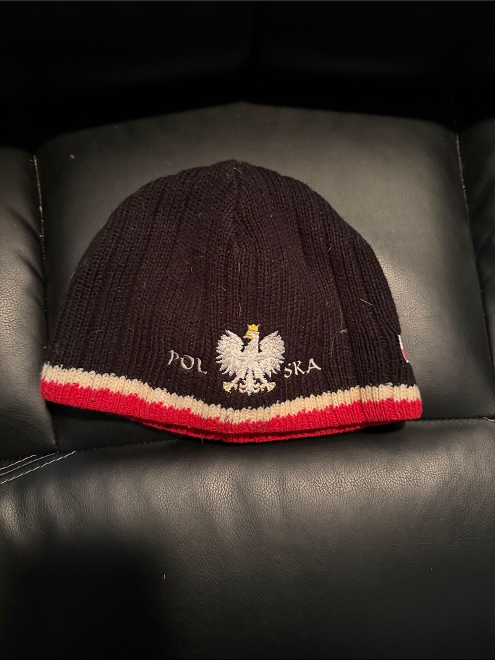 Polska Knit Beanie Hat - Black with Red & White Trim